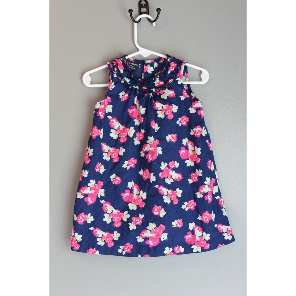 Faded Glory Baby Toddler Dress Navy Blue Pink Rose Sleeveless Size 24M
